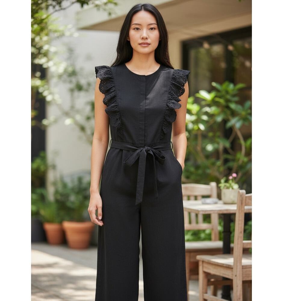GAP Black Cotton Wide Leg Sleeveless Eyelet Lace Sleeves Belted Jumpsuit Size 8